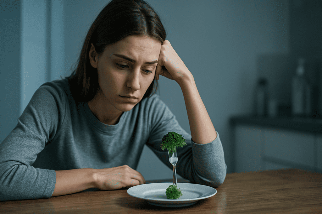 A young woman sits alone at a table in a sterile, cool-toned kitchen environment, staring somberly at a single piece of broccoli on her fork; the clinical lighting and minimal background emphasize feelings of isolation and reflect the emotional difficulty of eating disorder struggles.