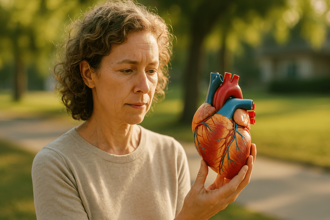 A photograph captures a Caucasian middle-aged woman standing in a sunlit park during morning hours, gently holding a detailed anatomical heart model in her hand. The soft natural light enhances the realism and brings focus to the heart, symbolizing the theme of understanding cardiac procedures and heart health awareness