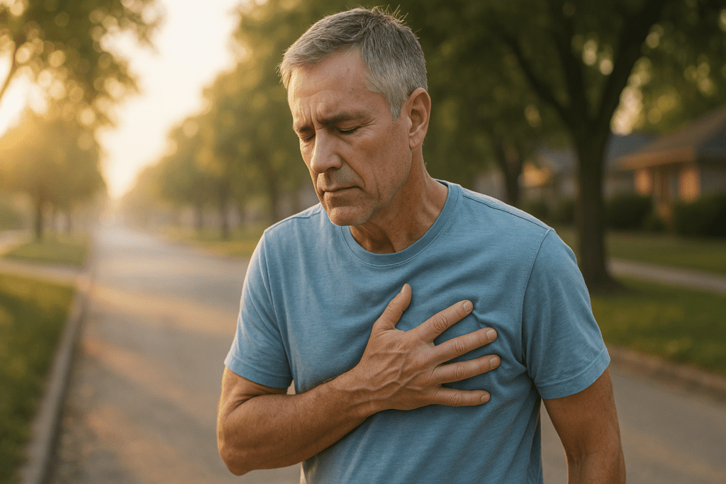 A middle-aged man stands alone on a quiet suburban street in soft morning light, clutching his chest with a look of concern. The scene evokes the early signs of heart issues, offering a realistic portrayal relevant to understanding cardiac symptoms and common heart procedures.