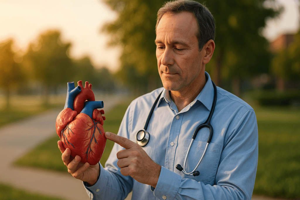 A middle-aged male doctor stands outdoors in soft natural morning light, attentively pointing to a coronary artery on a large anatomical heart model. The serene park-like background and gentle sunlight enhance the educational focus on cardiac procedures and heart health awareness.