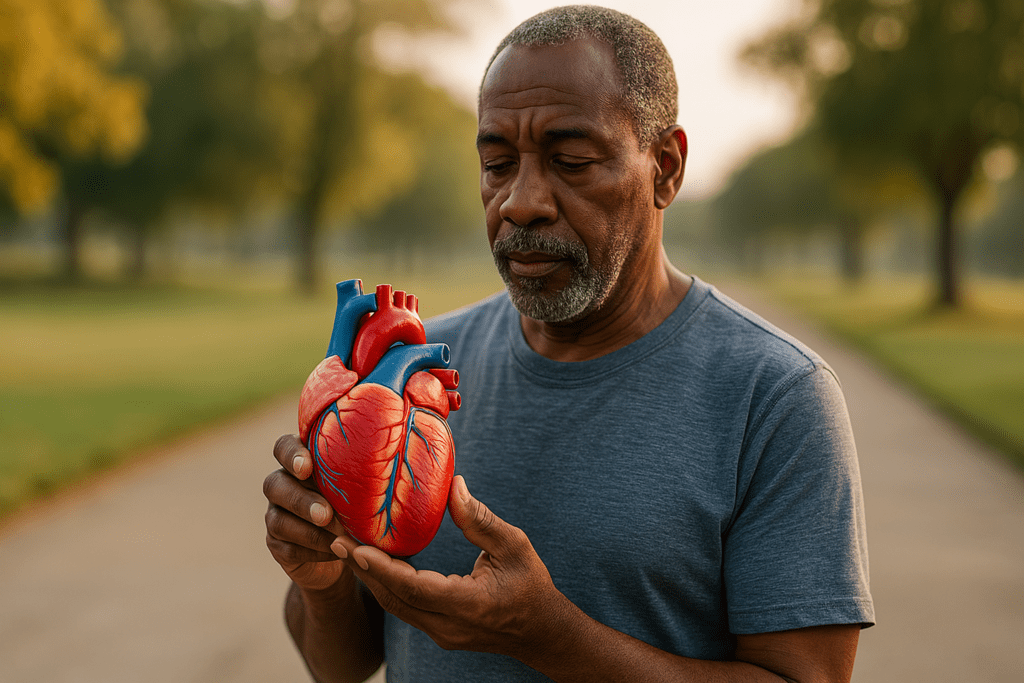 A photograph taken in the early morning depicts an older man holding a realistic anatomical heart model in both hands while standing on a quiet park path lined with trees. The soft golden natural light highlights the symbolic heart, reflecting the theme of understanding cardiac procedures and heart health awareness.