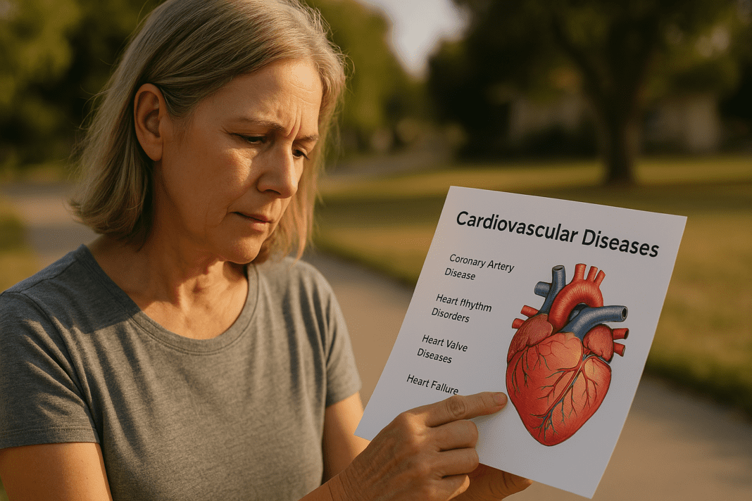 A middle-aged woman stands outdoors in warm natural morning light, studying a printed diagram labeled “Cardiovascular Diseases” that features a heart illustration and a list of heart-related conditions. The soft-focus park background with trees and a distant house adds context to this educational moment focused on heart health awareness.