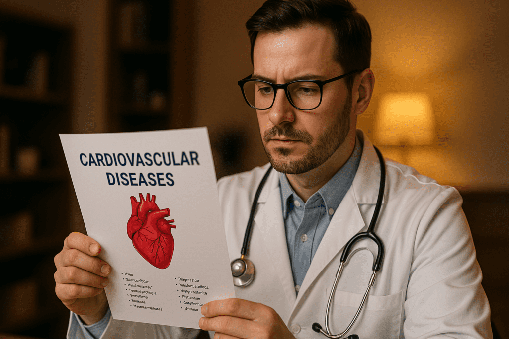 A male doctor in his mid-30s with glasses and a stethoscope carefully examines a printed cardiovascular diseases guide under warm indoor ambient lighting in a professional office setting. The cozy room with a softly lit lamp and blurred bookshelf complements the focus on heart disease education.