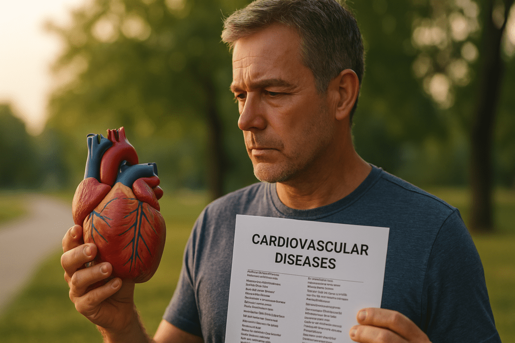 A middle-aged man stands outdoors in a park-like setting during early morning light, holding a realistic anatomical heart model and a printed cardiovascular diseases chart. The soft golden lighting and serene natural background highlight the importance of understanding cardiovascular disease risks.