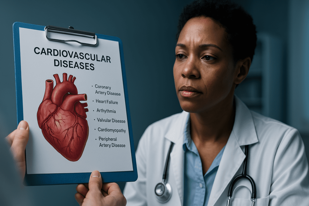 In a cool-toned clinical environment, an African American female doctor attentively examines a clipboard displaying a detailed anatomical heart diagram labeled with cardiovascular diseases like coronary artery disease and heart failure. The sterile setting and focused expression emphasize professional insight into heart disease diagnostics.