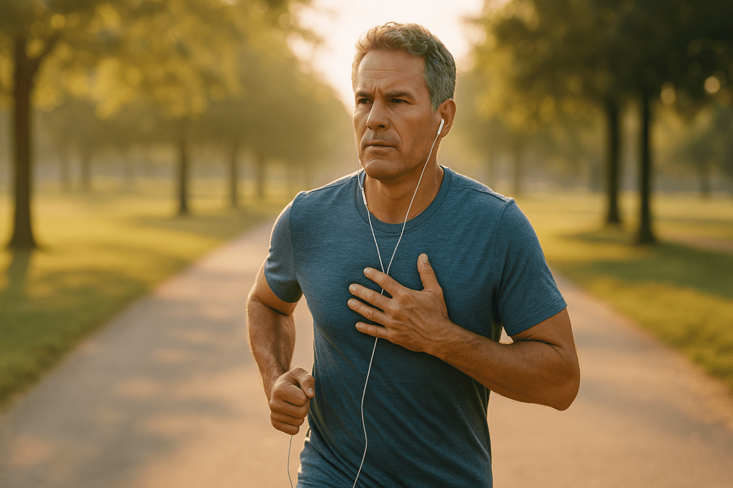 A photograph captures a middle-aged Caucasian man jogging in a park at sunrise, wearing a blue athletic shirt and earbuds. The soft natural morning light filters through tall trees, creating a calm and focused atmosphere that highlights exercise as a science-backed strategy to lower the risk of cardiac arrest.