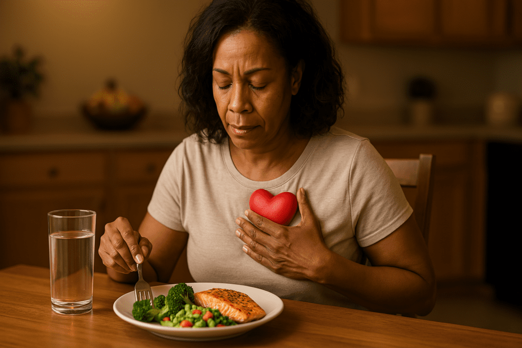 A middle-aged African American woman sits at a warmly lit kitchen table, gently holding a red heart-shaped object over her chest while preparing to eat a nutritious meal of salmon and vegetables. The cozy indoor lighting and calm expression emphasize heart-healthy eating as a key science-backed strategy to prevent cardiac arrest.