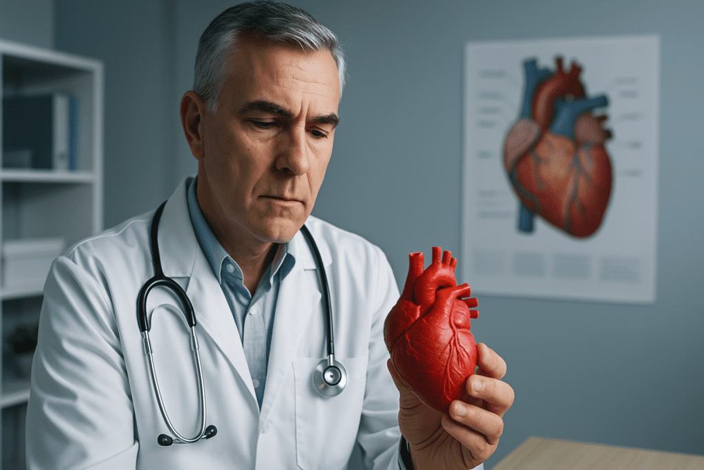 A middle-aged male doctor in a white coat examines a realistic red heart model under cool clinical lighting in a medical office. The professional setting, with anatomical posters and organized shelves, reinforces science-backed medical approaches to preventing cardiac arrest