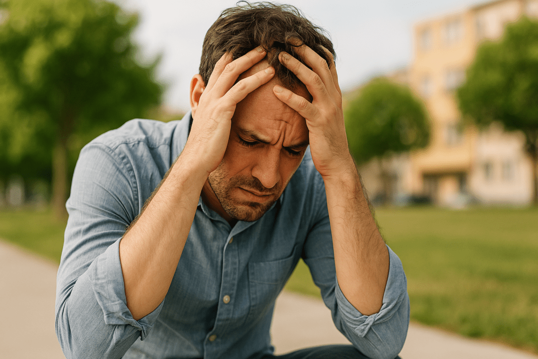 A photograph captures a Caucasian man in his early 30s sitting in a quiet urban park, gripping his head in visible stress. Soft natural morning light casts a gentle glow over the scene, emphasizing his tense expression and symbolizing the emotional strain anxiety can place on heart health.