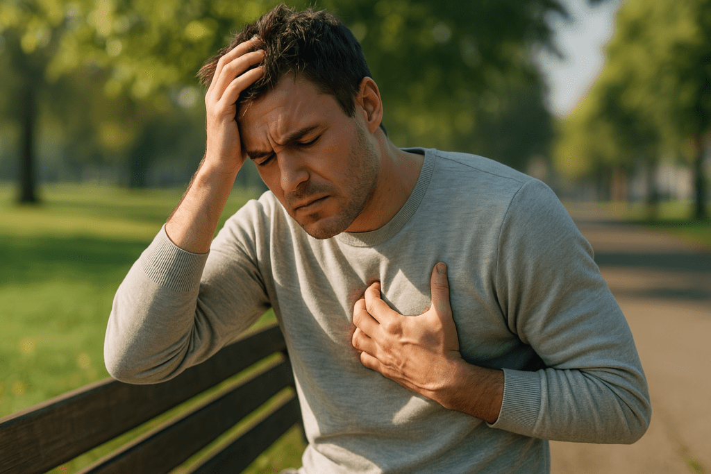 A young man sits alone on a park bench in the soft morning light, clutching his chest with one hand and his head with the other, visibly distressed. This image captures how stress and anxiety may contribute to heart-related symptoms in a peaceful outdoor setting.