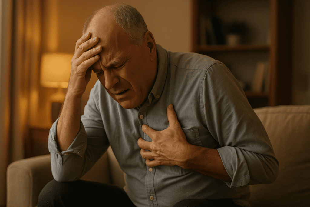 A middle-aged man in a warmly lit living room grips his chest and forehead while seated on a beige couch, his face contorted in discomfort. The warm ambient lighting and homey environment emphasize how chronic stress may lead to anxiety-induced heart issues.