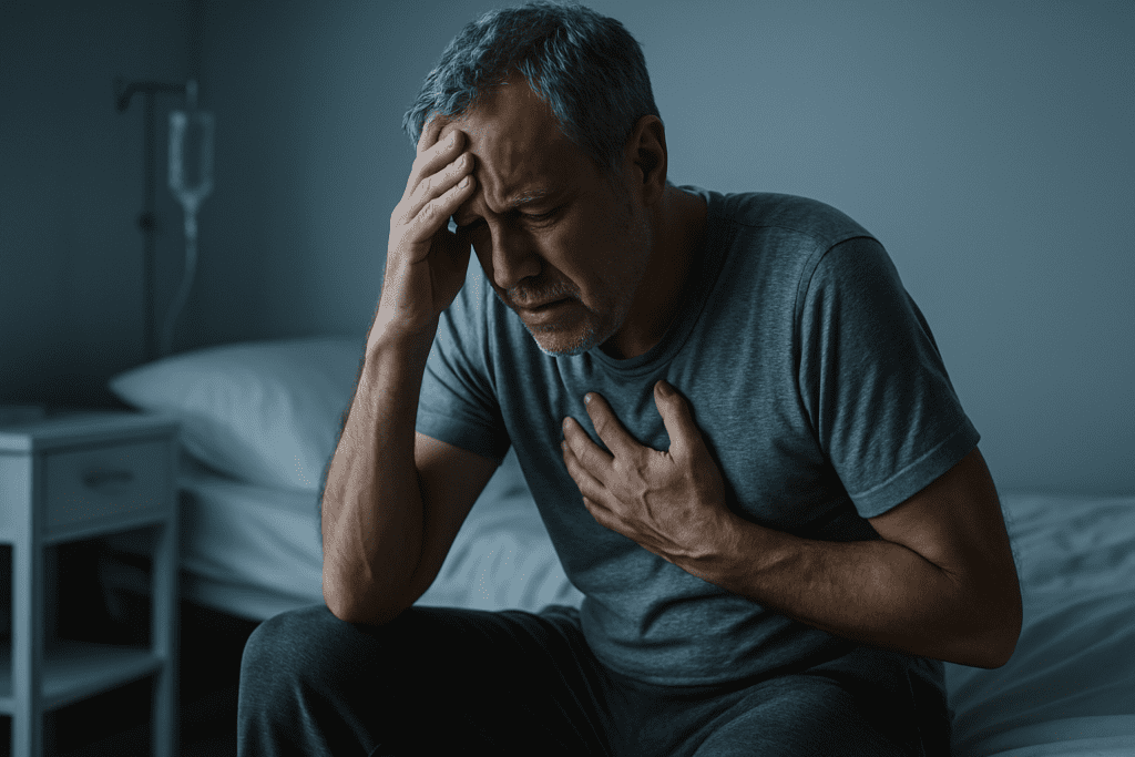 In a cool, sterile bedroom with clinical lighting, an older man sits on the edge of a bed showing signs of chest discomfort and mental strain. The dim hospital-like setting visually conveys how ongoing anxiety can affect heart health and elevate stroke risk.