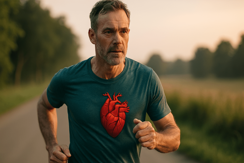 A photorealistic image of a middle-aged man jogging on a rural path in soft morning light, wearing a teal shirt with a red anatomical heart design. The natural outdoor setting and calm golden sunrise highlight the cardiovascular benefits of physical activity for heart health.