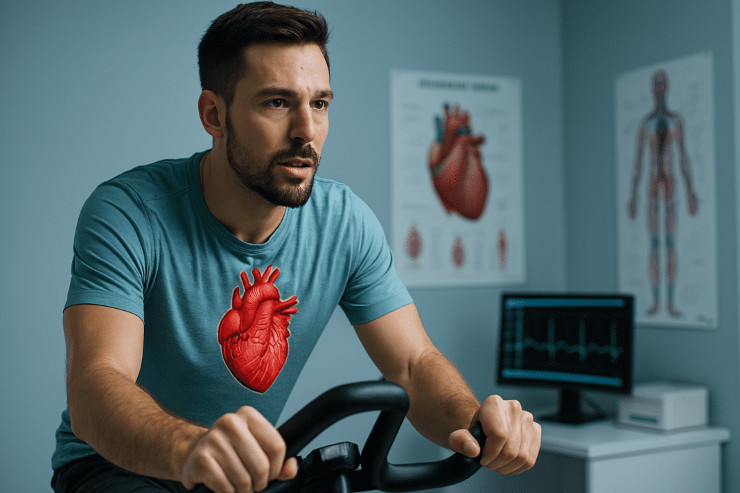 A photorealistic image of a man in clinical surroundings pedaling a stationary bike under cool lighting, with an ECG screen and anatomical posters nearby. The setting emphasizes how monitored physical activity supports cardiovascular health and reduces heart disease risk.