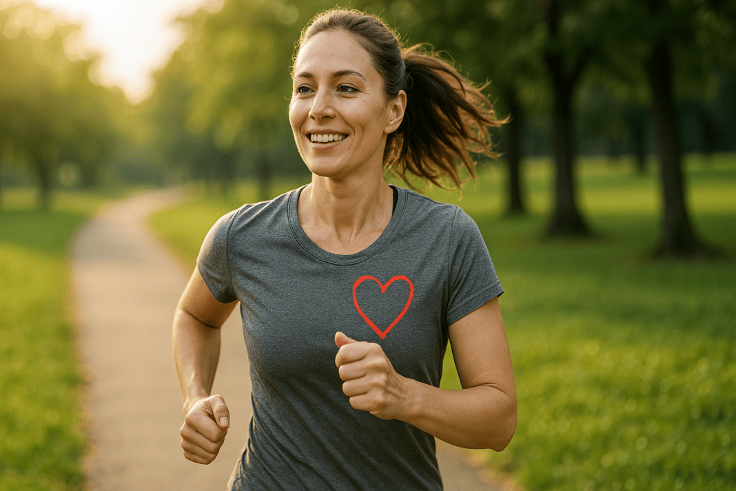 A fit woman in her 30s jogs outdoors on a tree-lined park path in soft natural morning light, wearing a gray athletic shirt with a red heart emblem. Her expression is focused and upbeat, symbolizing heart-healthy fitness and safe cardiovascular exercise in a serene, nature-filled environment.