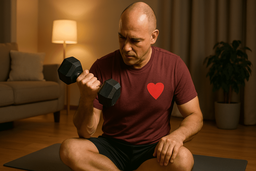 A bald, middle-aged man in a burgundy shirt with a red heart emblem performs a focused dumbbell curl while seated on a gray mat in a warmly lit living room. The cozy, modern indoor setting and ambient lighting reflect a safe, heart-healthy fitness workout routine designed to support cardiovascular health at home.