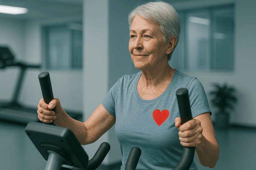 An older woman with short platinum blonde hair exercises on an elliptical machine in a clean, modern gym with cool clinical lighting and minimalistic decor. Her soft smile and blue workout shirt with a red heart symbol reflect a positive, heart-healthy fitness routine designed to safely boost cardiovascular endurance.