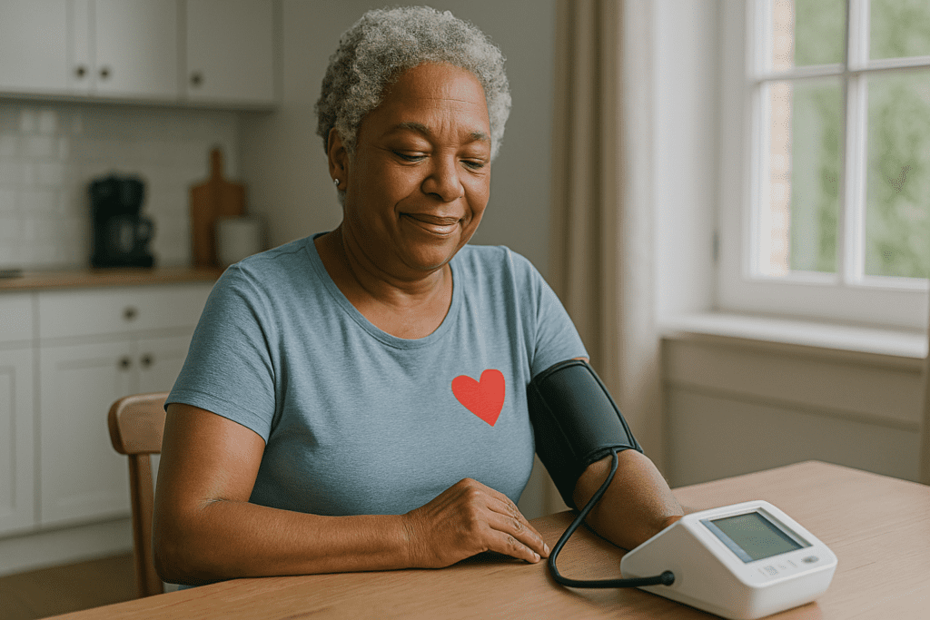 An older African American woman with short, curly gray hair calmly checks her blood pressure using a digital monitor at a wooden table in a sunlit kitchen. Dressed in a light blue shirt with a red heart emblem, she appears relaxed and focused, symbolizing heart-healthy habits and cardiovascular wellness in a warm, natural-light setting.