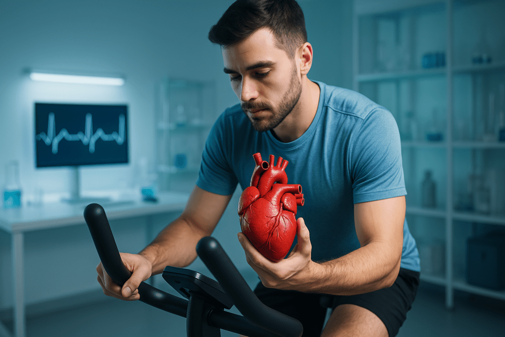 A digital photograph taken in a modern laboratory shows a young male scientist pedaling a stationary bike while holding a realistic red anatomical heart model. The room’s cool clinical lighting and the visible heart rate monitor emphasize the scientific link between exercise and cardiovascular health.