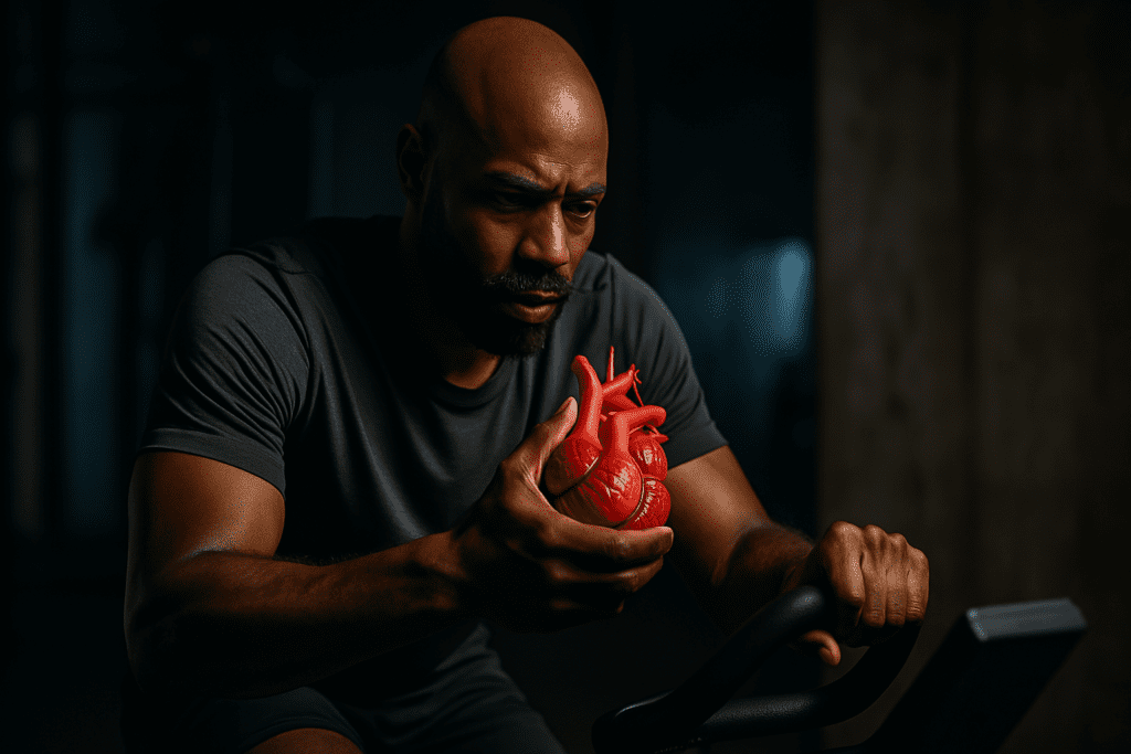 A photograph features a bald African American man intensely exercising on a stationary bike in a dimly lit industrial gym, holding a red anatomical heart model in one hand. Dramatic lighting and shadows highlight his physical exertion, symbolizing the powerful impact of physical activity on reducing heart disease risk.