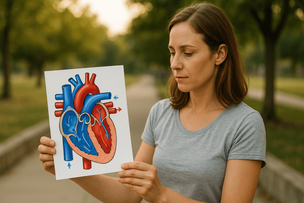 A woman in her 30s stands outdoors under soft morning light, examining a printed heart diagram that clearly illustrates how blood flows through the heart using labeled arrows. The natural suburban park setting, combined with her focused expression and the detailed heart anatomy chart, visually reinforces the circulatory system's function in a realistic and educational context.