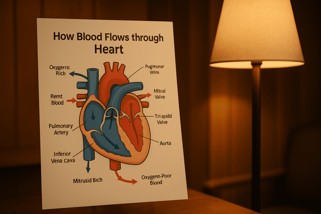A heart diagram poster sits under warm ambient lighting in a cozy indoor space, clearly outlining the flow of blood through the heart with color-coded arrows. The relaxed, wood-paneled environment and soft glow from a floor lamp create a calm and inviting mood while visually supporting educational content about heart circulation.