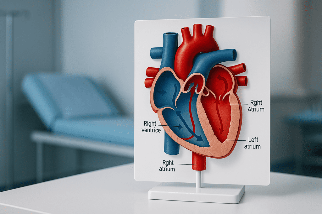 A realistic model of the human heart is displayed on a white table in a modern clinical room, with bright, cool lighting enhancing the clarity of blood flow pathways. The labeled chambers and directional arrows vividly illustrate how blood circulates through the heart, reinforcing key anatomy concepts related to cardiovascular function.