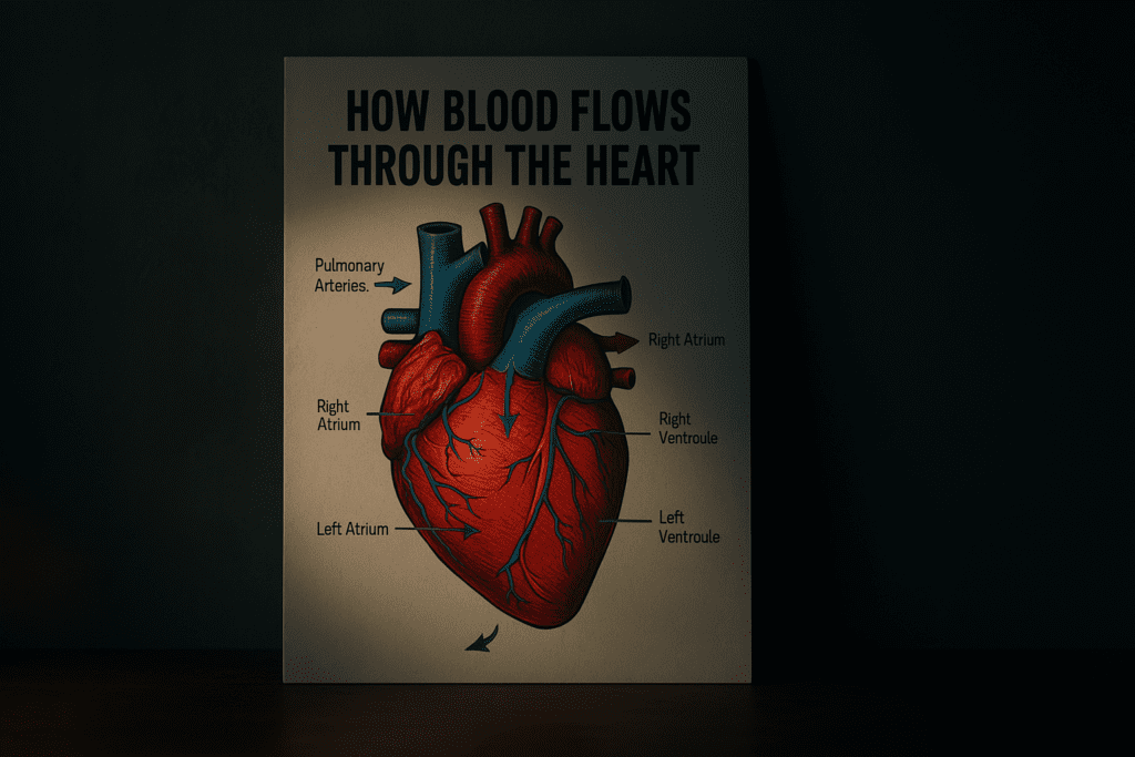 A realistic heart circulation poster sits on a dark wooden table, dramatically lit from the left against a deep green background, highlighting blood flow through the heart’s chambers. The vibrant red and blue arteries and veins are enhanced by moody shadows, offering a powerful visual guide to how blood moves through the cardiovascular system.