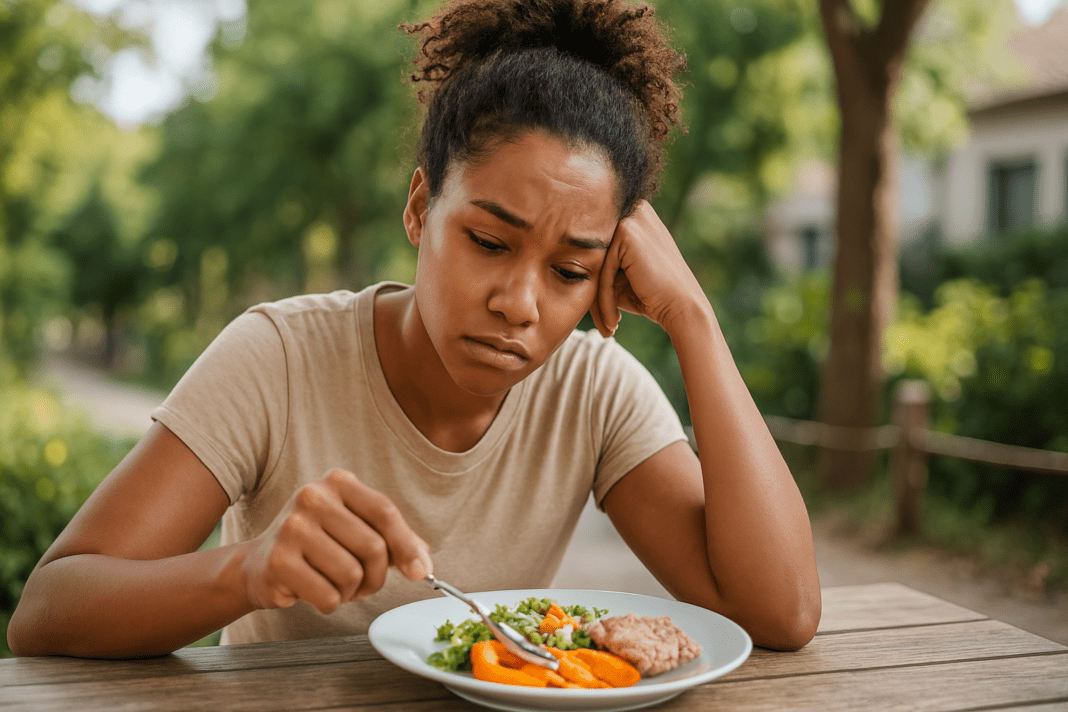 A young woman with curly hair tied up in a bun looks disinterested as she pushes food around her plate while seated outdoors in a peaceful garden setting. Captured in warm ambient lighting, her furrowed brow and slouched posture reflect common signs of appetite loss and emotional overwhelm.