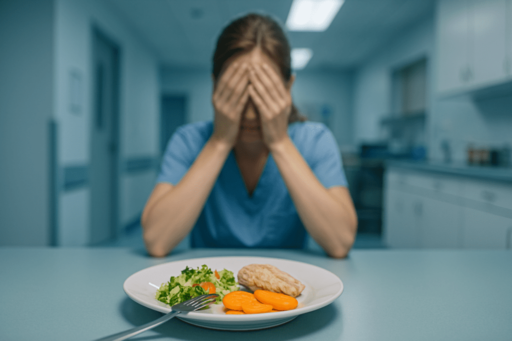 A close-up image shows a plate of grilled chicken, sliced carrots, and salad sitting on a mint green counter in a clinical kitchen, with a woman in scrubs blurred in the background holding her face in her hands. The cool, sterile lighting and somber posture visually convey appetite loss related to stress, burnout, or emotional exhaustion in high-pressure work environments.