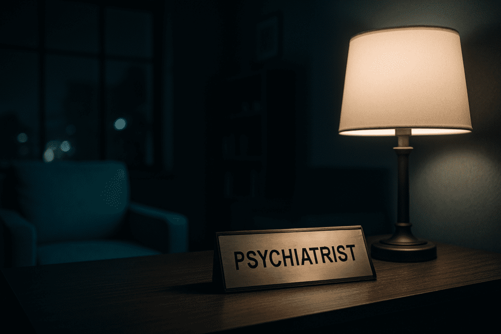 A warmly lit psychiatrist’s office at night features a soft-glowing table lamp, an empty teal armchair, and a wooden desk with a nameplate labeled “PSYCHIATRIST.” The moody shadows and calm interior setting evoke emotional depth, subtly illustrating when professional help may be needed for unexplained appetite loss and mental health concerns.