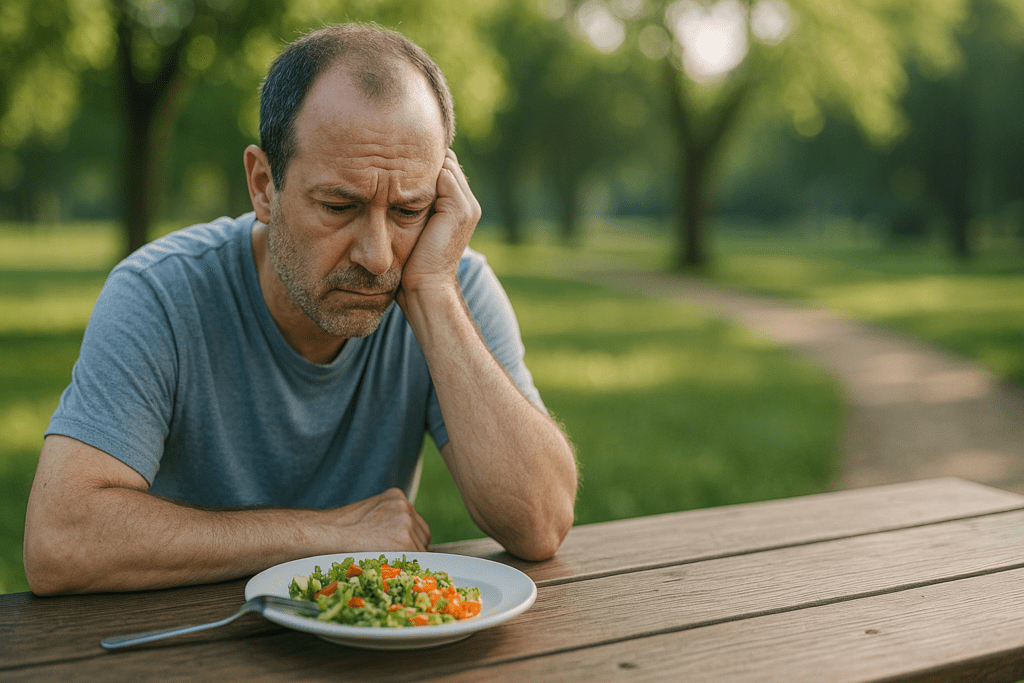 A middle-aged man in a faded blue T-shirt rests his head on one hand while staring blankly at a colorful salad on a picnic table in a sunny park. Surrounded by peaceful greenery and dappled morning light, his furrowed brow and distant gaze reflect emotional fatigue and a potential loss of appetite linked to stress or depression.