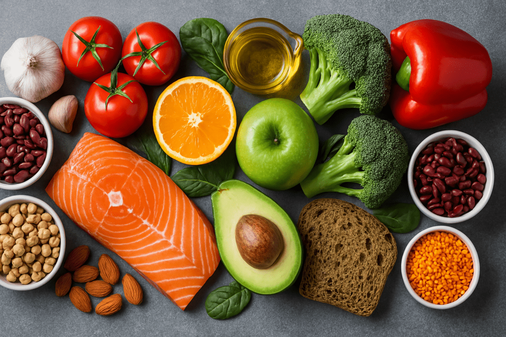 A digital photograph displays an array of fresh fruits, vegetables, salmon, nuts, legumes, and whole grains arranged on a gray surface, visually emphasizing a heart-healthy Mediterranean-style diet to prevent stroke and heart attack.