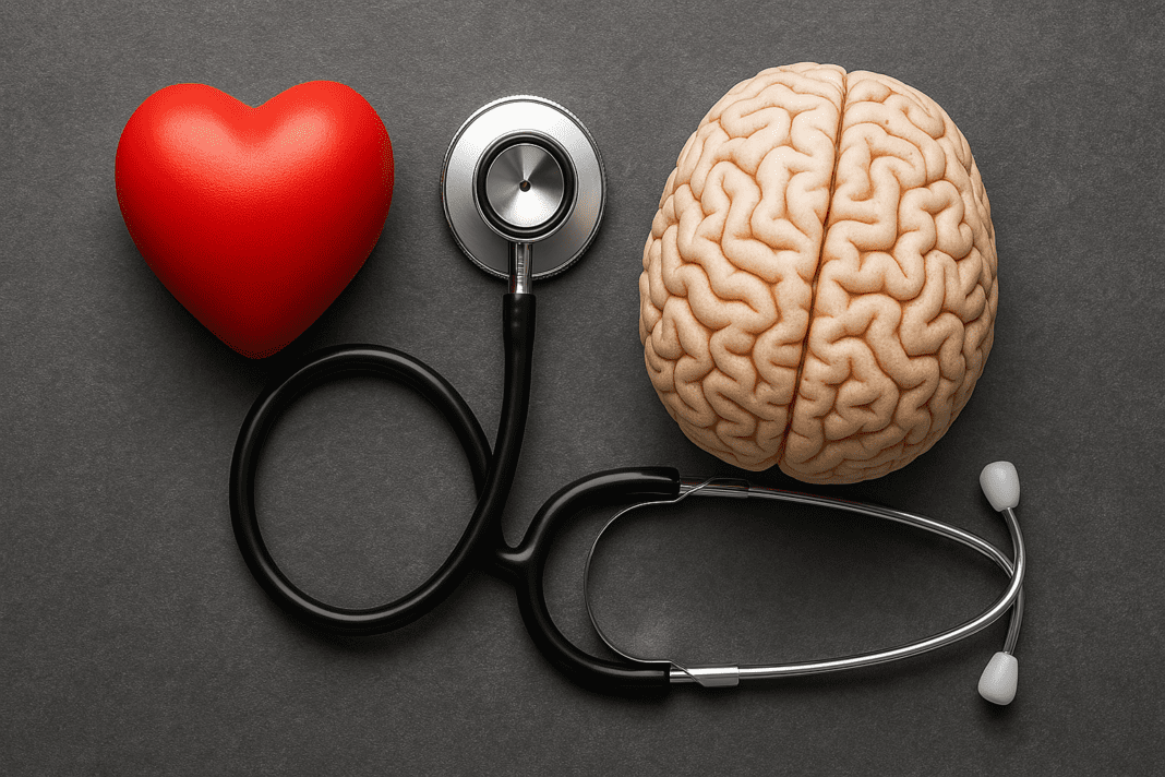 A high-resolution digital photograph shows a stethoscope placed between a red heart model and a detailed brain model on a gray surface, visually symbolizing stroke and heart attack prevention through medical monitoring and heart-brain connection.