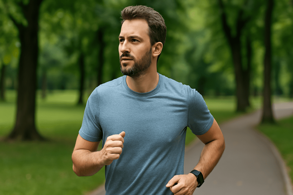 A high-resolution digital photograph captures a light-skinned man jogging through a green park, symbolizing physical activity as a science-backed lifestyle strategy to reduce the risk of stroke and heart attack.