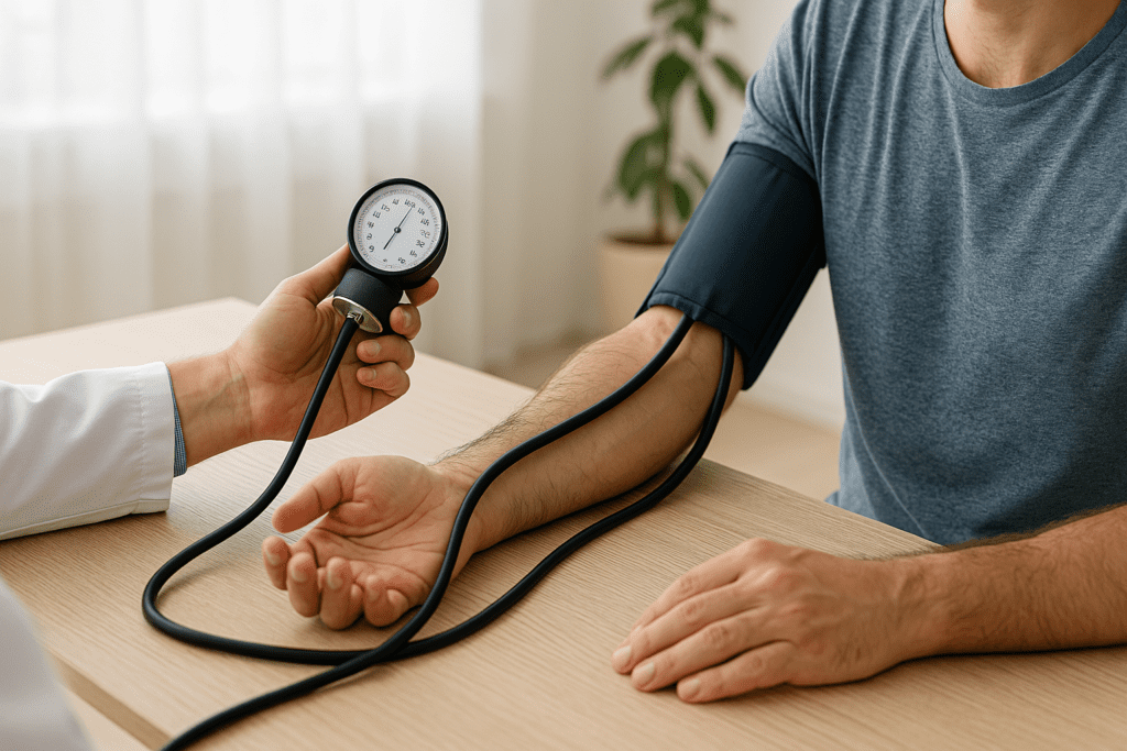 A high-resolution photograph displays a close-up of a healthcare professional checking a patient’s blood pressure with a manual sphygmomanometer, representing routine monitoring as a key preventive measure against stroke and heart attack.