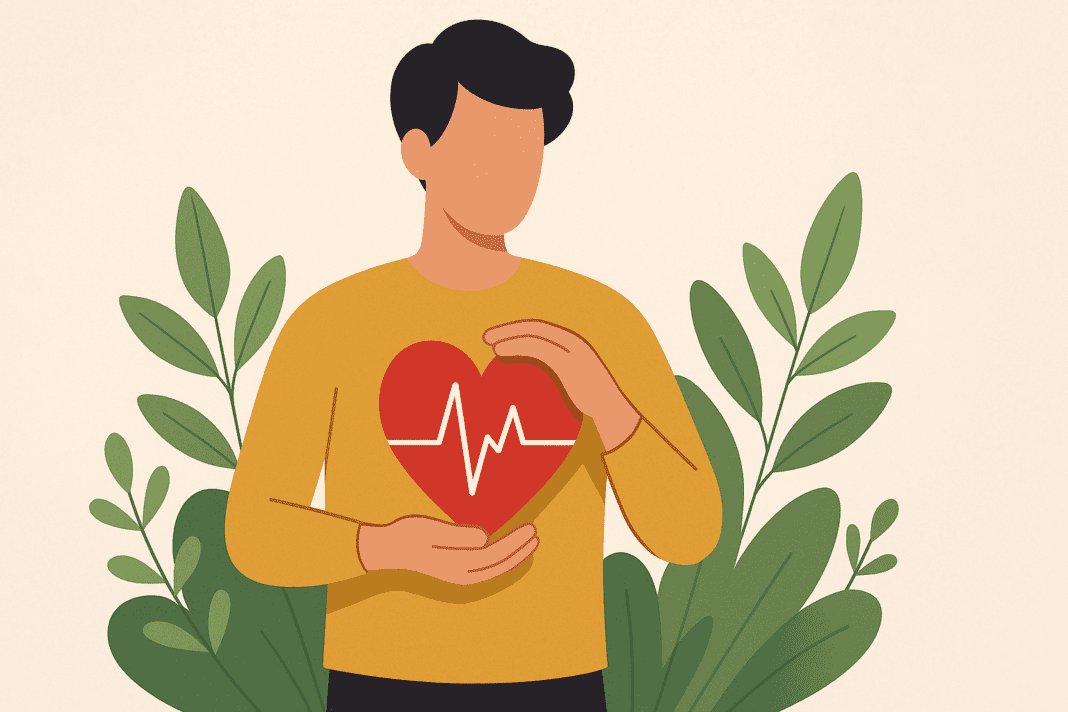 A 2D digital illustration of a person holding a red heart with an ECG line over their chest, surrounded by green leaves, symbolizing natural heart health and cardiovascular care.