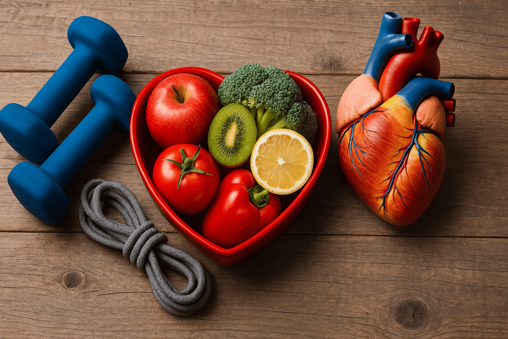Heart-healthy lifestyle concept featuring a red, heart-shaped bowl filled with fresh fruits and vegetables including apples, kiwi, lemon, tomato, bell pepper, and broccoli, placed beside a model heart, blue dumbbells, and a jump rope on a rustic wooden surface.