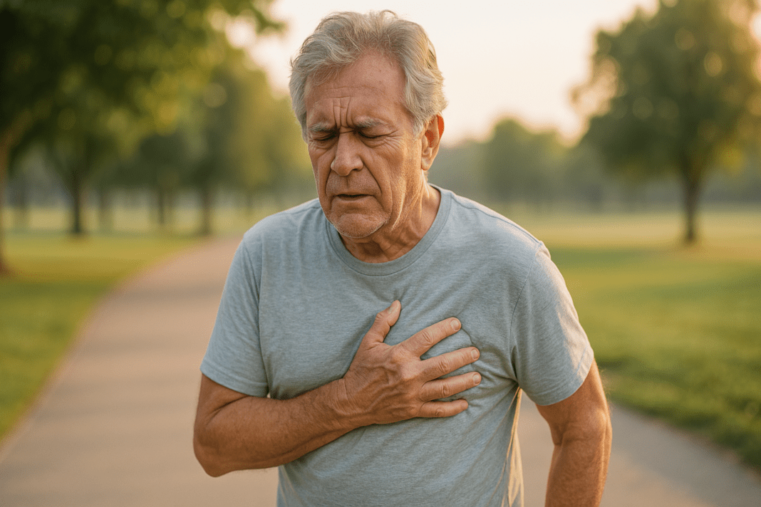 A photograph captures an older Caucasian man in his 60s clutching his chest with a distressed expression while walking alone in a park at dawn. The soft natural morning light and quiet outdoor setting reflect an early warning sign of a heart attack a month before it happens, emphasizing the need to recognize subtle cardiovascular symptoms.