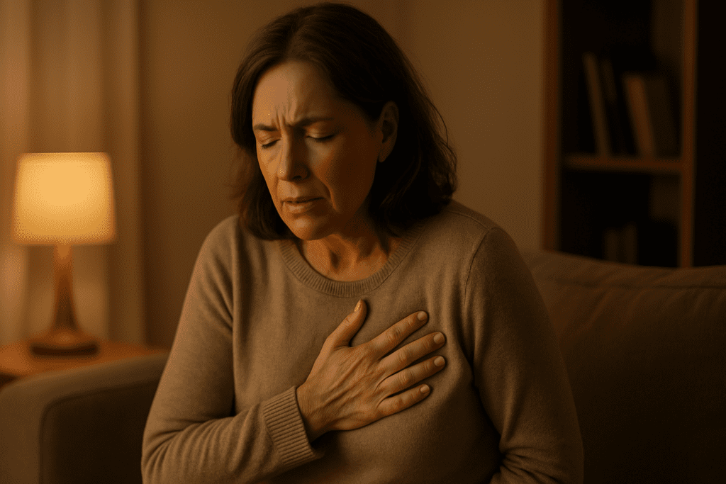A photograph captures a middle-aged Caucasian woman sitting on a beige couch in a warmly lit living room, holding her chest with a pained expression. The ambient indoor lighting and cozy home setting underscore the subtle early warning signs of a heart attack, emphasizing the importance of recognizing symptoms a month before onset.