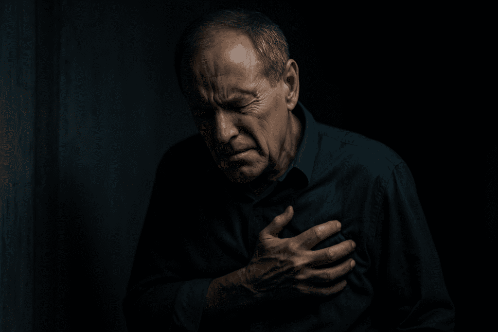 A digital photograph captures an older man in his sixties leaning against a dark wall, clutching his chest with a look of pain under moody lighting. The dramatic shadows and solitary setting highlight a serious warning sign of a heart attack a month before it occurs, drawing attention to early symptom awareness.