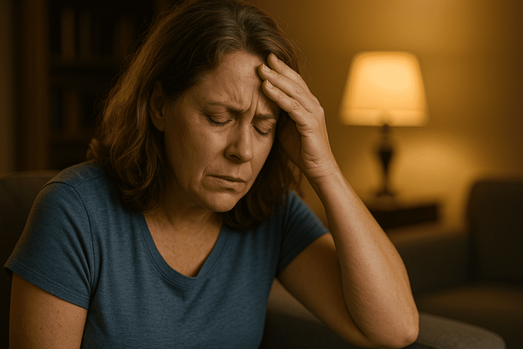 A photograph captures a Caucasian woman in her late 40s seated indoors on a couch, holding her forehead in discomfort, illuminated by warm ambient lighting from a nearby lamp. The image conveys early signs of a heart attack, such as fatigue or dizziness, a month before it happens, set against a calm home environment.