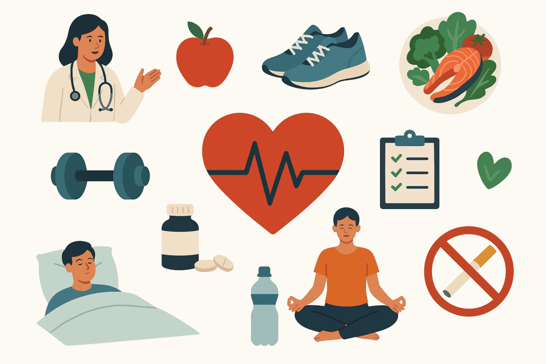 Illustration of heart health practices including a doctor, healthy food, running shoes, dumbbells, a checklist, water, medication, sleep, meditation, and a no-smoking symbol surrounding a central red heart with a heartbeat line.