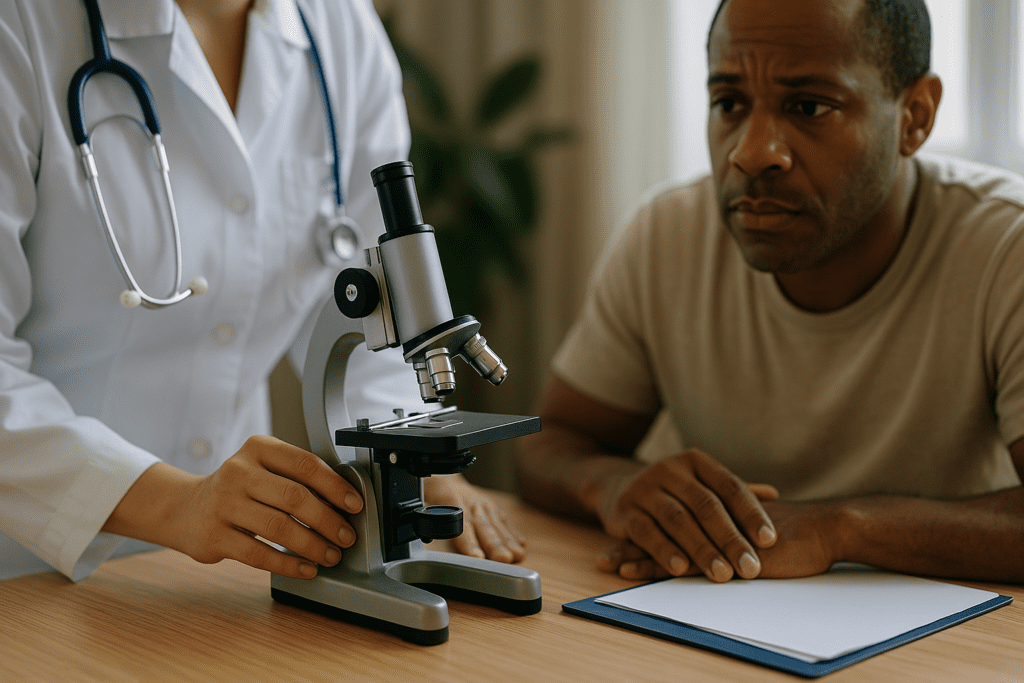 A healthcare professional in a white lab coat adjusts a microscope on a table while an African American patient watches with concern, highlighting the intersection of medical discovery and patient involvement.