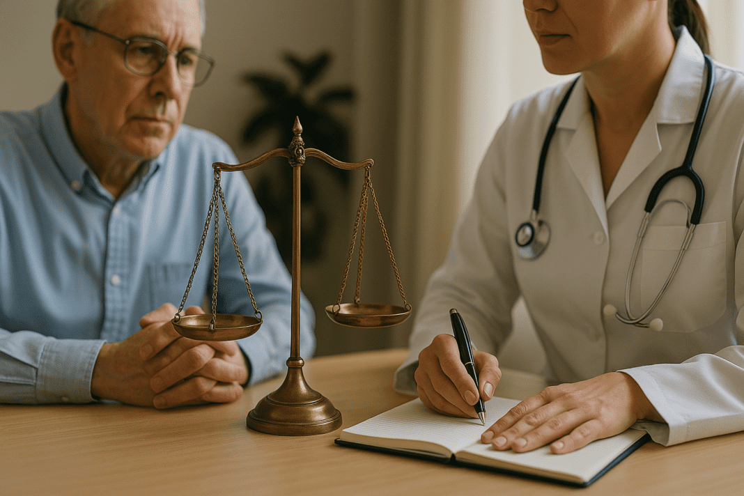 A doctor writes in a notebook beside an elderly male patient, with a brass balance scale between them symbolizing ethical decision-making and the balance of patient rights and provider responsibilities in modern healthcare.