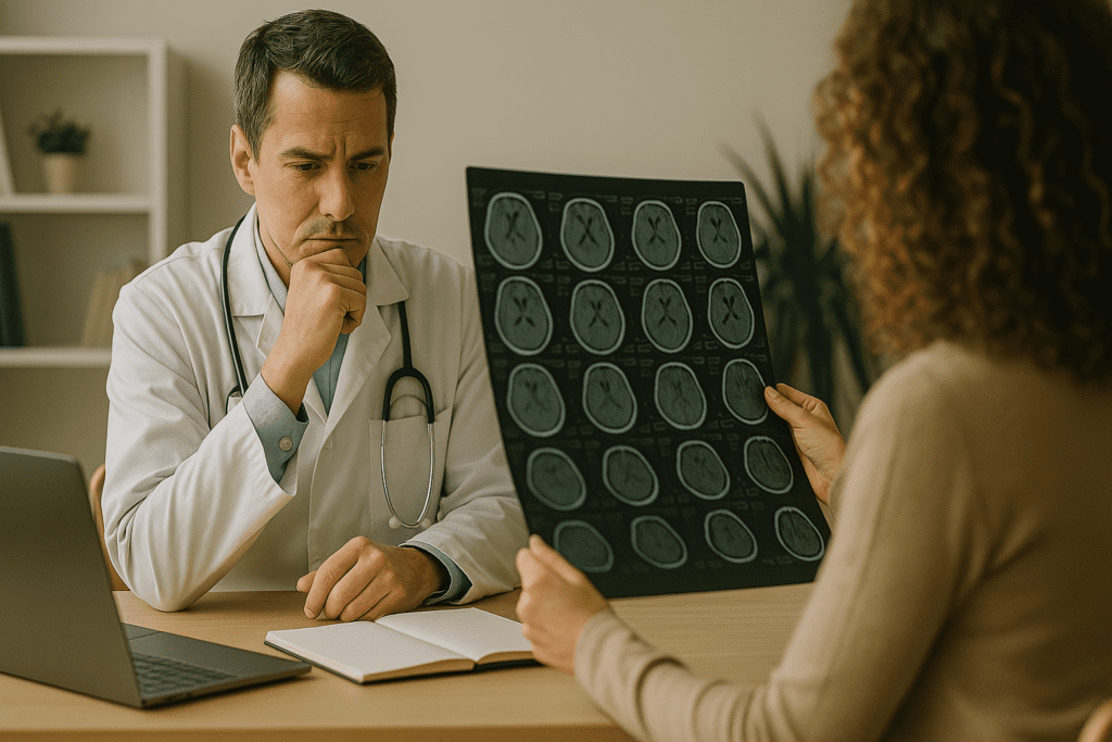 A doctor examines brain CT scans presented by a female patient in a calm, modern office, reflecting the ethical implications of informed consent and collaborative diagnosis in medical advancements.
