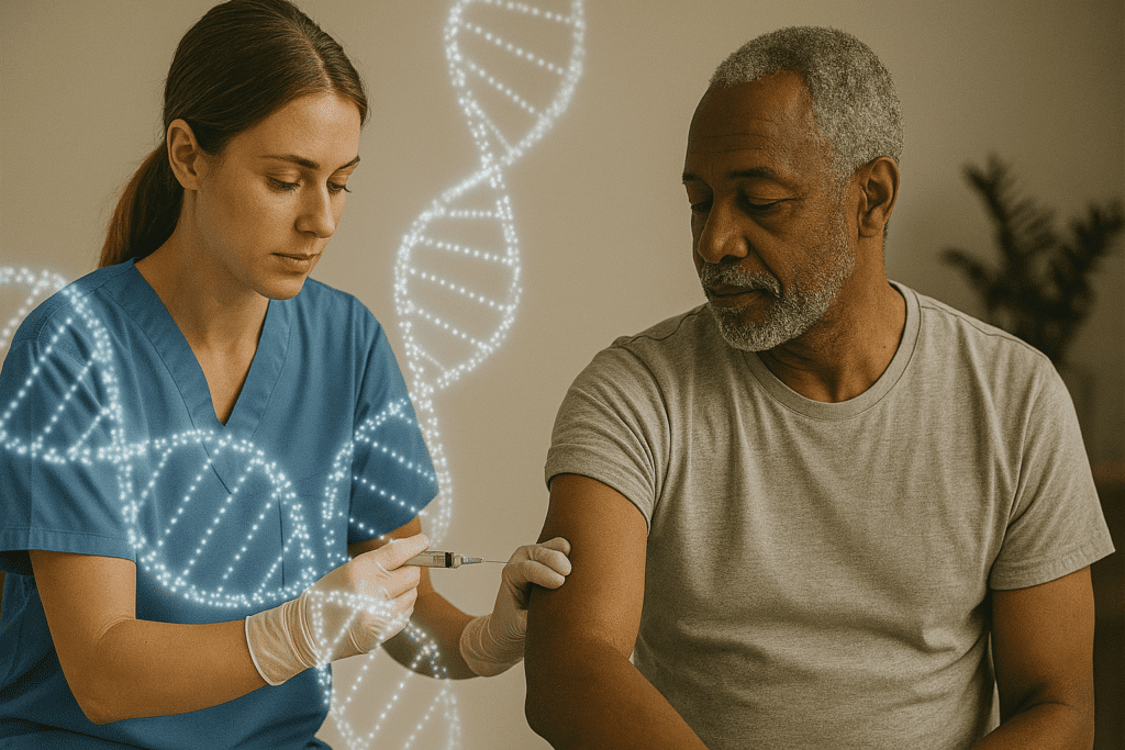 A female nurse in blue scrubs administers an injection to an older male patient as glowing DNA helix graphics float in the foreground, symbolizing the ethical considerations of genetic research and personalized medicine in modern healthcare.