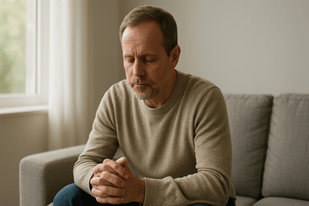 A middle-aged Caucasian man sits on a gray sofa in a softly lit room, hands clasped and eyes closed, appearing deep in thought as morning light filters through sheer curtains.