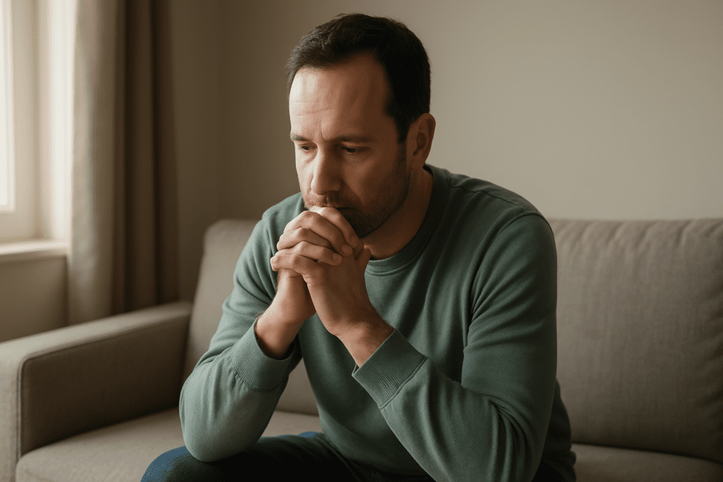 Contemplative man in casual clothing rests on a beige couch in a warmly lit room, expressing a calm, introspective mood with minimal background detail.