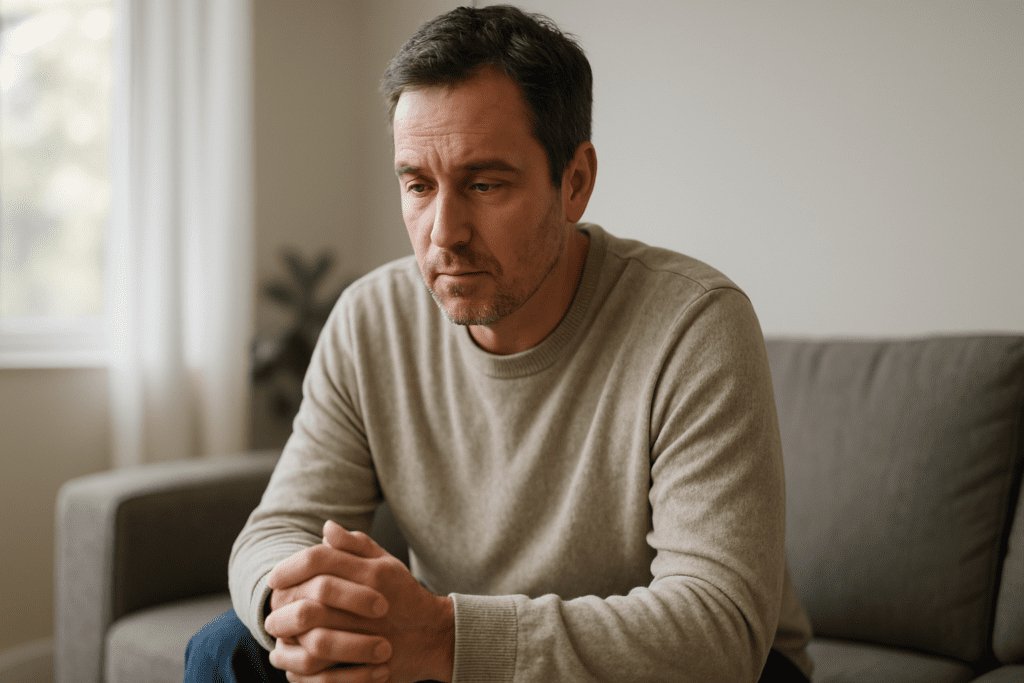A contemplative male figure in a beige sweater appears deep in thought, seated quietly in a minimally decorated, naturally lit room.